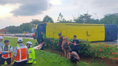 Bus Blue Star yang mengalami kecelakaan di Jalan Tol Cipali, Kilometer 176, Kabupaten Majalengka, Jawa Barat, Rabu (24/7/2024) malam. Satu penumpang tewas akibat peristiwa ini.